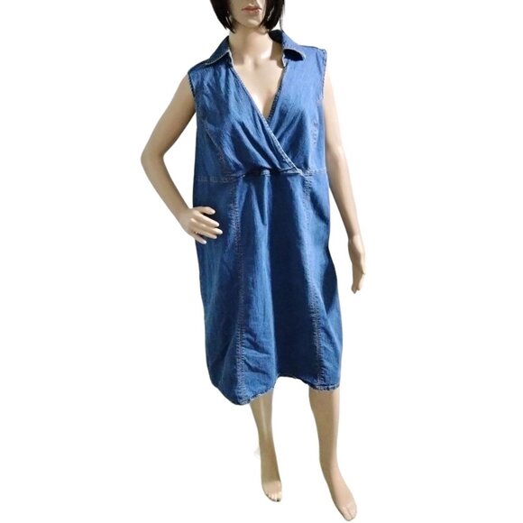 Faded Glory Plus Size 20W Denim Dress Surplice Collared Sleeveless Side Zip - Picture 2 of 10